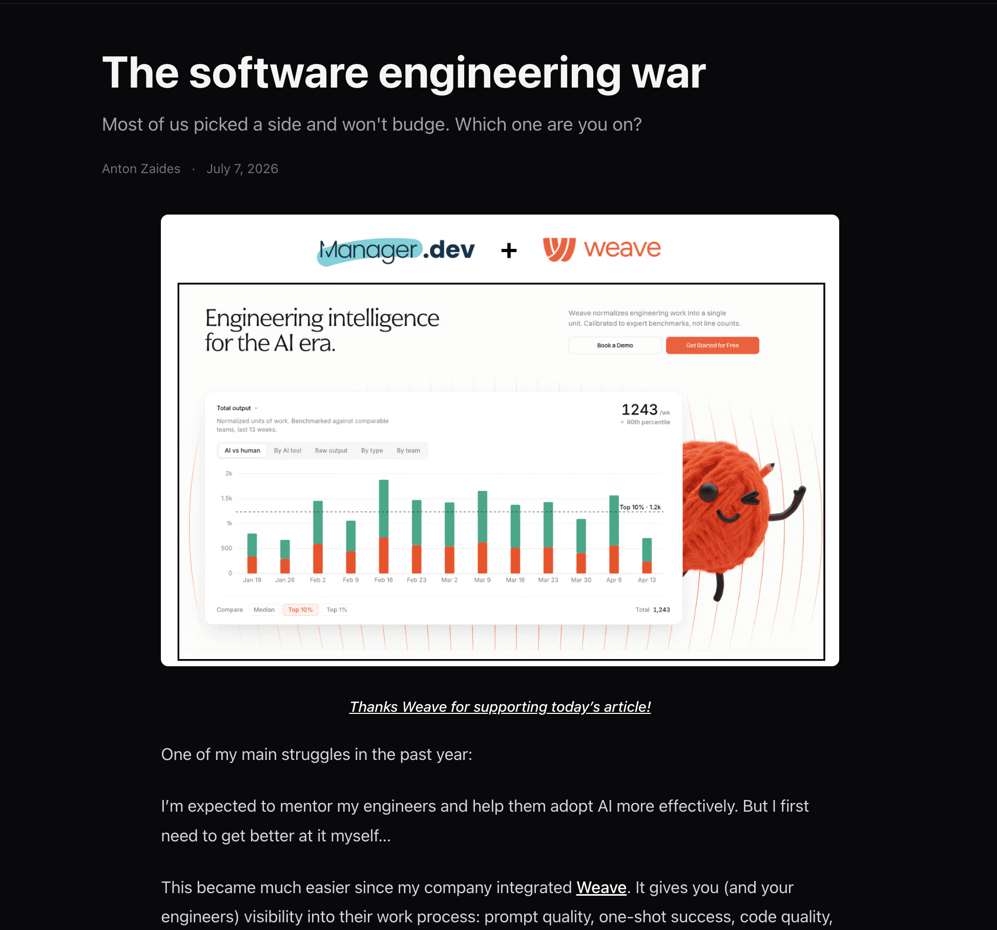 Example placement: a Weave spot at the top of a manager.dev article