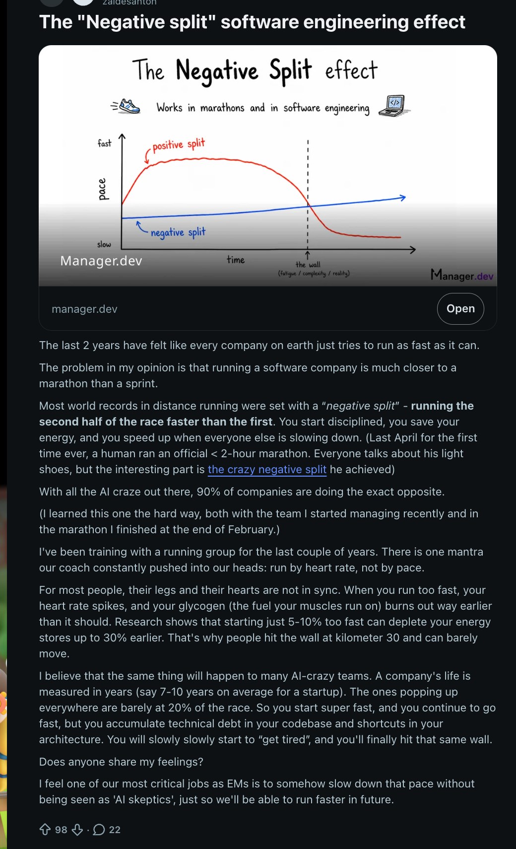 The “Negative split” software engineering effect